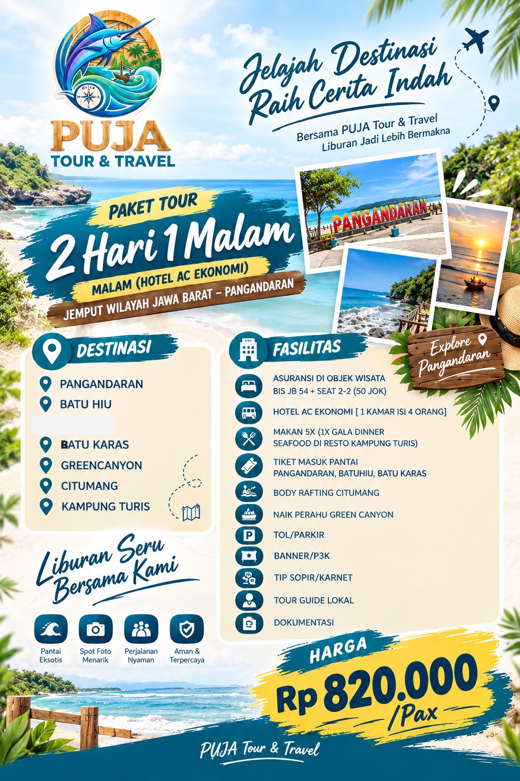 Paket Wisata Paket Tour Keliling Pangandaran 2 Hari 1 Malam (Hotel AC Ekonomi) Pangandaran